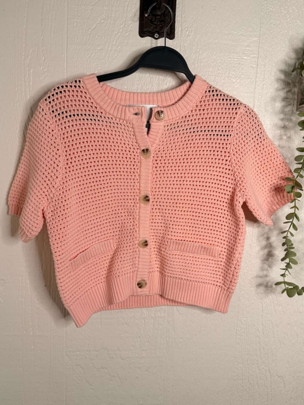 CELINE Cotton Cropped Pointelle Cardigan NWOT pink salt